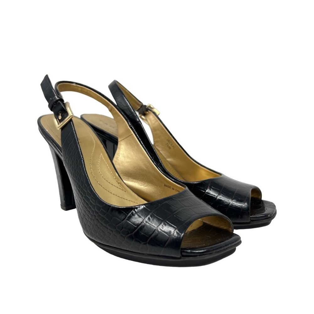 Tahari Women's Black Brown Croc Pattern High Heel Slingback Size 7.5M Faux Leath